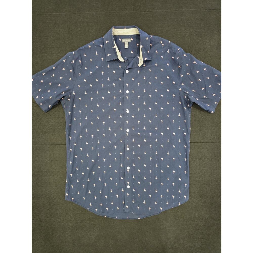 Van Heusen Mens XLT Navy Blue Pink Flamingo Print Short Sleeve Button Down EUC